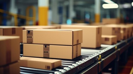 Close up carton boxes on conveyor belt