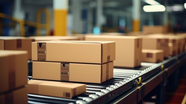 Close up carton boxes on conveyor belt