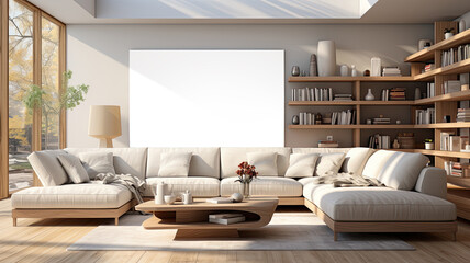 spring living room with a picture of a blank screen on the wall. in a warm and peaceful atmosphere