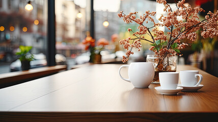The wooden tables in the coffee shop are classic and beautiful. Decorated with coffee mugs and round flower vases.