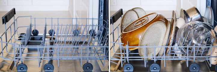 Empty and full dishwasher tray. Dishwasher before and after washing dishes