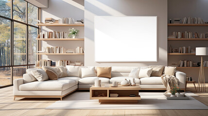 Blank frame on the wall. Modern living room with simple design. Morning atmosphere in the countryside.