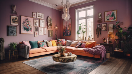 Maximalist and eclectic interior of a large living room with a corner sofa and paintings on the walls. Light yellow and lavender tones.