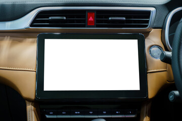 White mockup of digital display screen on the dashboard of a modern car
