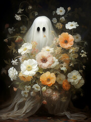 Cute ghost with a bouquet flowers in her hands - 639906297