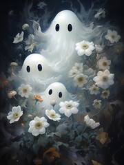 Three cute blue ghosts in flowers