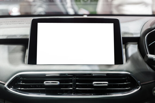White mockup of digital display screen on the dashboard of a modern car