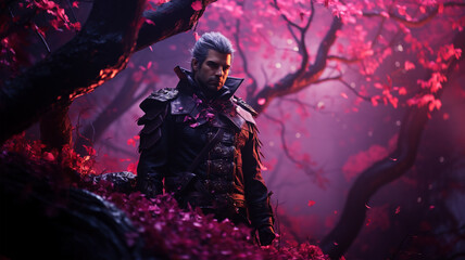 Samurai in beautiful iron armor in a magical forest with neon lights, movie concept