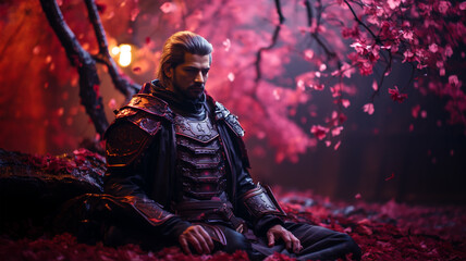 Obraz premium Samurai in beautiful iron armor in a magical forest with neon lights, movie concept