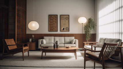 Naklejka na ściany i meble Mid-century interior design of modern living room with white sofa and wooden chairs.