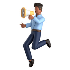 3d black businessman executive pose wearing suit standing with megaphone isolated on transparent background, 3d rendering