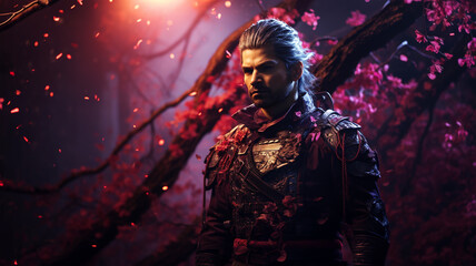 Samurai in beautiful iron armor in a magical forest with neon lights, movie concept
