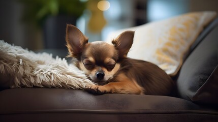 chihuahua puppy sitting on a sofa
