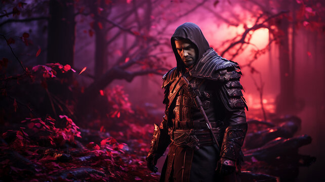 Samurai in beautiful iron armor in a magical forest with neon lights, movie concept