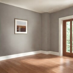 Obraz premium Dining room design with wooden floor, spacious window, light gray paint.