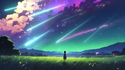 Meteor streak across the vast sky at night. Seamless loop video
