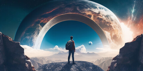 Man standing on abstract planet - obrazy, fototapety, plakaty