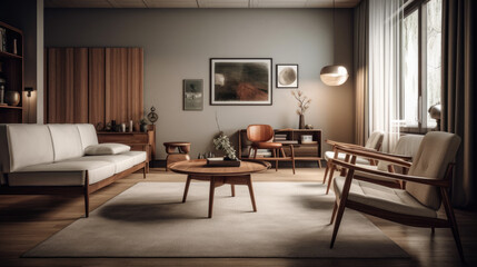 Mid-century interior design of modern living room with white sofa and wooden chairs.