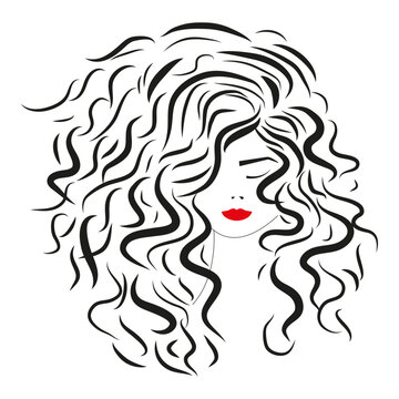 Image of a girl with long curly hair and red lipstick. black and white illustration