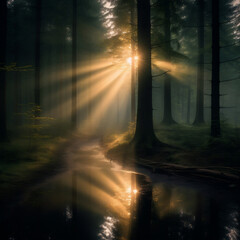 Dunkler Wald mit Sonnenaufgang