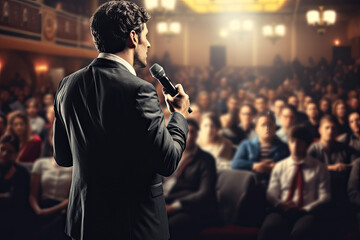 Back view of motivational speaker standing on stage in front of audience for motivation speech on conference or business event. AI Generative