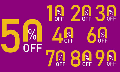 Set of discount label vector Illustration 10, 20, 30, 40, 50, 60, 70, 80, 90 percent, Promotion number design for an advertising campaign at retail clearance, special offer, tag, sticker flat.