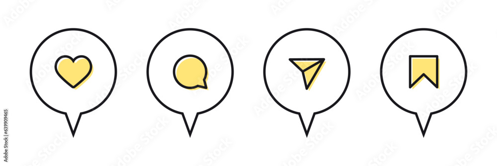 Aufkleber like, comment, share and save icon set in speech bubble. social media notification icons , social ne