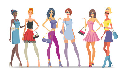 Fototapeta premium Group of women posing standing in modern clothes on white background. Attractive female models standing with handbags 