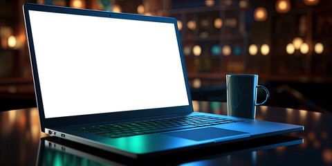 Close-up shot of an empty computer screen and a cup of coffee in a office room on a tall building at night.