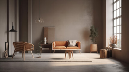 Minimalist modern living room interior background, living room mock up in scandinavian style, empty wall mockup.