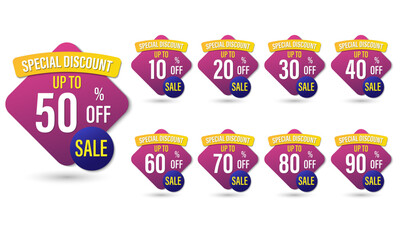 Set of discount label vector Illustration 10, 20, 30, 40, 50, 60, 70, 80, 90 percent, Promotion purple and yellow design for advertising campaign at retail clearance, special offer, tag, sticker flat.