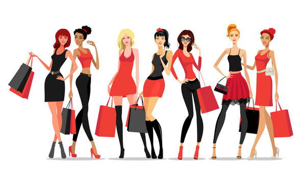 Attractive models in red and black clothes are standing and posing with shopping bags in their hands.