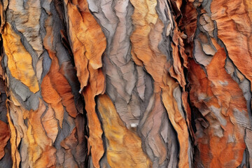 A detailed photograph showcasing the intricate patterns, textures, and colors of tree bark, creating a captivating background. AI Generate.