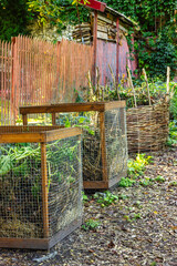Composting of organic waste. Three containers for organics. Homemade containers for fertilizers....