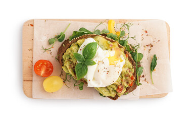 Wooden board of tasty sandwich with egg on white background