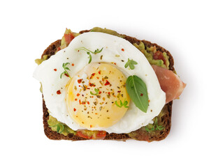Tasty sandwich with egg on white background