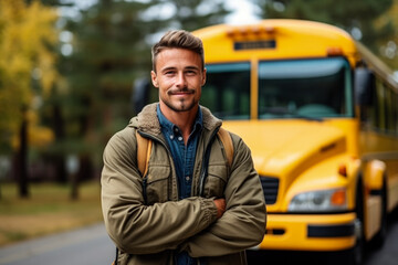 Confident driver man standing against school bus 