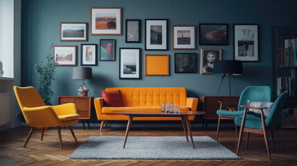 minimal design appartment, a wall with 2 or 3 picture frames, modern living-room, colourful furniture, perpendicular composition, center perspective, very detailed, photorealistic, photographic. - obrazy, fototapety, plakaty
