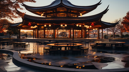 In the picture is a pavilion, the design of the pavilion is simple and generous, there are tables...