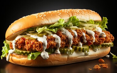 Fried chicken sandwich with lettuce and mayo isolated on black background