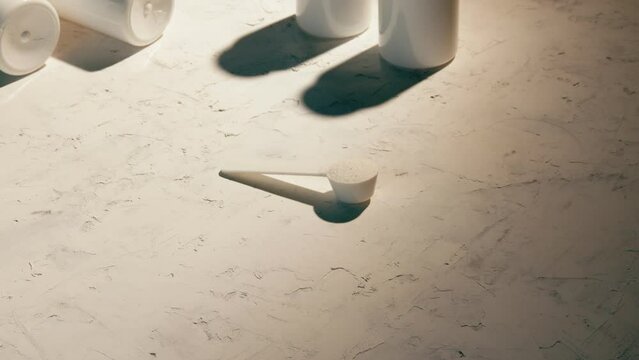 Sport supplement, creatine, hmb, bcaa, amino acid or vitamin measure with powder in a lifestyle contest. 4k high quality video. Sport nutrition health and food concept. Dry flowers, stones and shadows