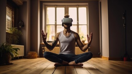 man wearing virtual reality headset and doing yoga at home