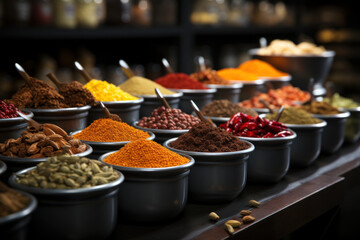 Obraz premium Spices and Aromas. Close-up of a spice market with an array of colorful spices, capturing the sensory allure of culinary ingredients. Generative Ai.
