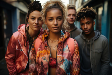 Naklejka premium Urban Exploration. Group of friends in eclectic outfits posing against a graffiti-covered wall, reflecting urban fashion diversity. Generative Ai.