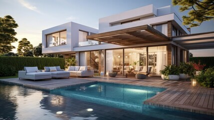 Fototapeta premium Modern villa with open plan living and private small terrace for relaxation