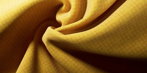 Yellow swirled fabric with square patterns . Yellow wavy textile close up. Woven textile close up Spiral swirl fabric, swirl cloth, Twisted background, twisted cloth