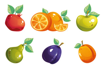Fruit pomegranate, orange, apple, pear, plum, peach, lime, banana, watermelon isolated set. Vector flat graphic design illustration
