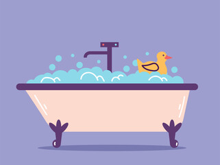 Bath bathtub tub bathroom shower with duck concept. Vector flat graphic design illustration

