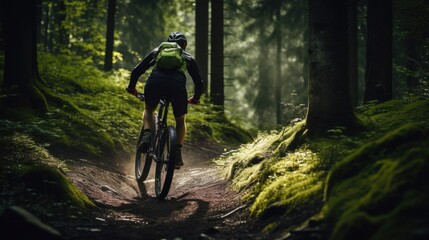 Man on mountain bike rides on the trail in green forest