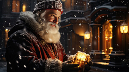 Fototapeta premium Happy old Santa Claus holding Christmas gifts.